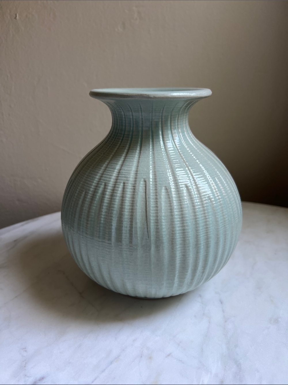 Ceramic Ribbed Light Seafoam Green Vase by